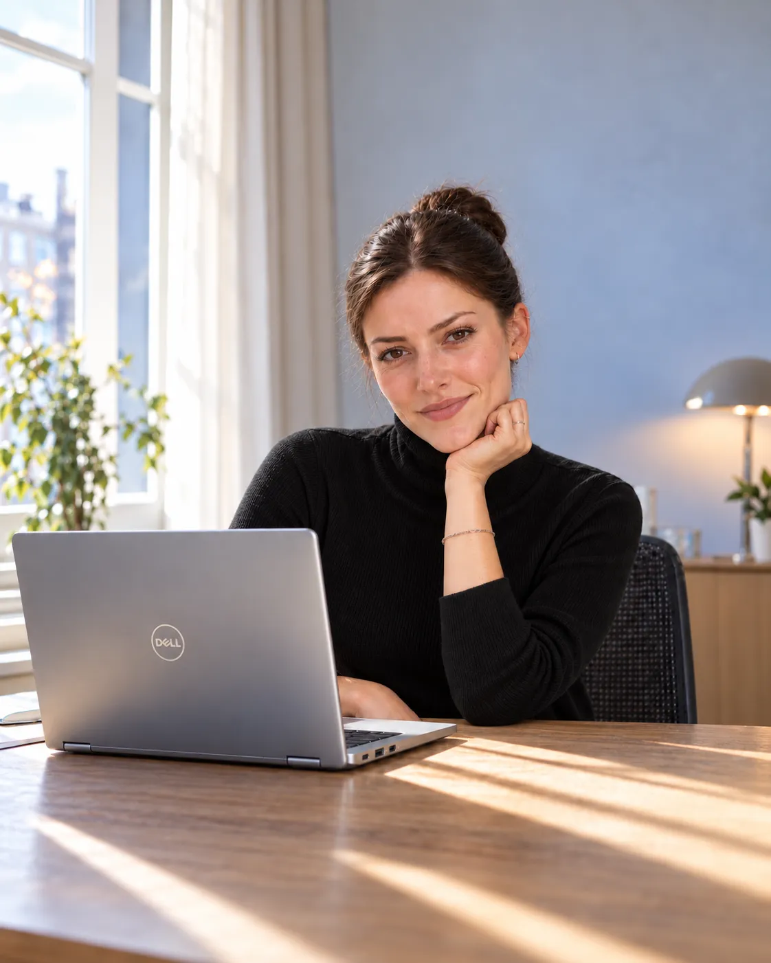 Portret kobiety w czarnym golfie, siedzącej przy laptopie z dłonią pod brodą